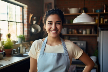 Proud Hispanic woman posing in her kitchen clean-smiling mom standing in the kitchen-woman in the kitchen not cooking-hispanic maid wearing an apron