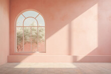 Empty Room In Pastel Peach Colour With Beautiful Arched Window Looking Into Garden. Light And Shadow Game, Copy Space. Generative Ai.