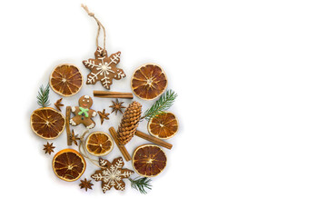 Wall Mural - christmas decoration. christmas tree, christmas gingerbread, cones spruce, dried oranges, cinnamon s