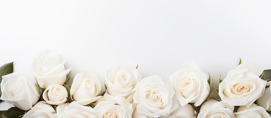 Fototapete - A banner for a website header design featuring a wedding bouquet of white roses on a white background with a soft focus. copy space available.