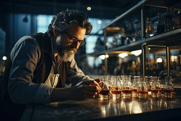 Technologist tasting glass of beverage product and checking quality. telephoto lens daylight white