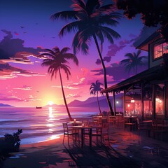 Wall Mural - Beach in afternoon view from lodging with sunset and palm tree, AI generated image