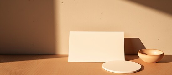 Poster - Blank paper cards with a mockup for text and a wooden tray are placed on a beige background, creating a minimal and professional business brand template. The design includes ample spac