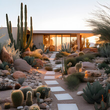 Desert Home With Cactus And Rock Garden Landscape, Generative Ai.