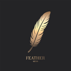 Wall Mural - Vector Fluffy Golden Color Feather Logo Icon, Silhouette Feather Closeup Isolated. Design Template of Flamingo, Angel, Bird Feather. Lightness, Freedom Concept