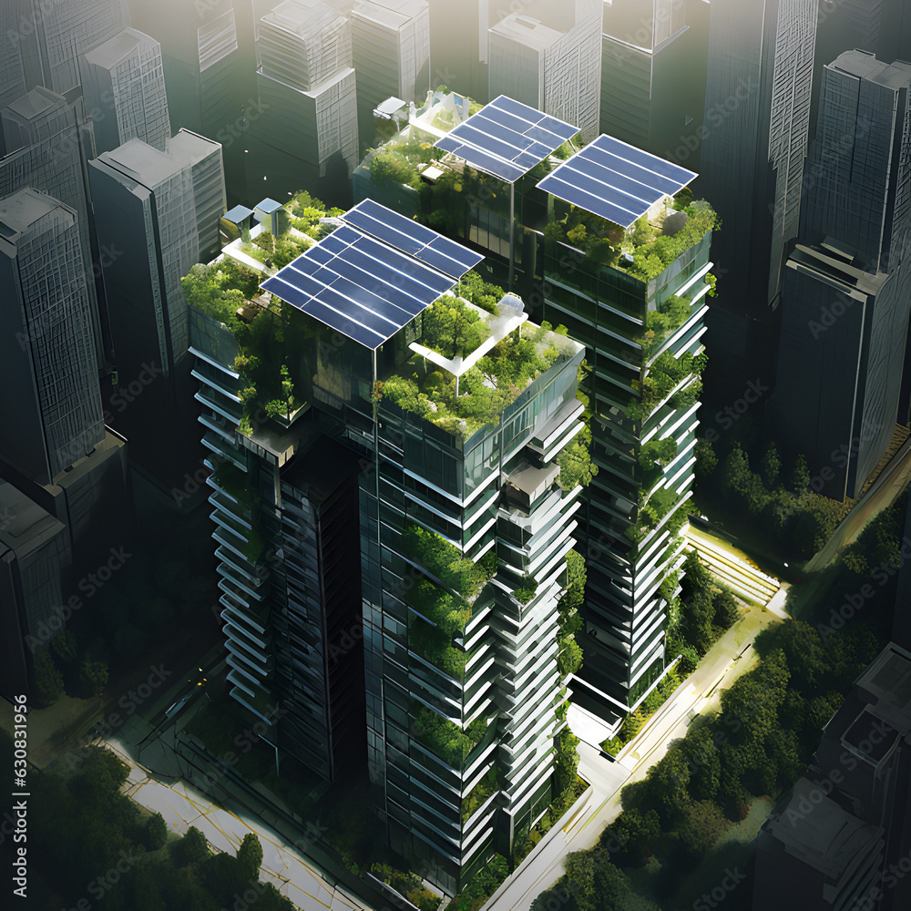 Green energy highrise building, with solar panels and plants growing on ...