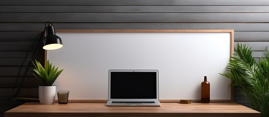 Aufkleber - A trendy office setting with a laptop. Empty screen area for personalized designs.