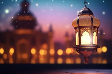 Original traditional ornate oriental lantern with beautiful bokeh of holiday lights and mosque in background. AI generated, Generative AI  