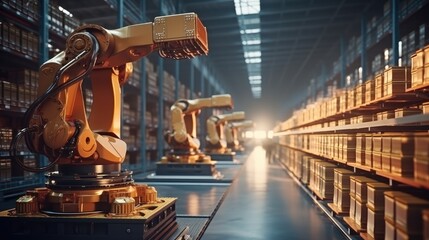 Leinwandbilder - Intelligent robotic system for warehouses and factories with digital technology, Concept business and industry 4.0 modern technology transportation and warehousing.