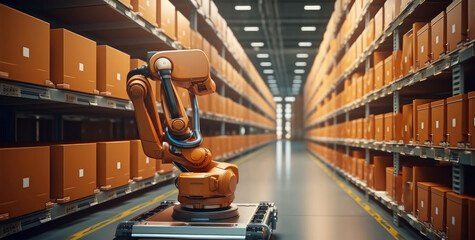 Leinwandbilder - Automation manufacturing robot at modern warehouse using IOT software connected to internet network.
