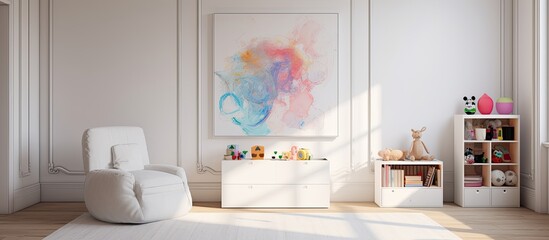 Sticker - White, spacious room for an autistic child with drawings, a white cabinet, and carpet.