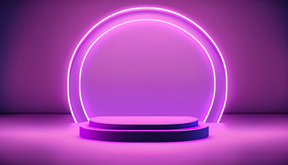 Wall Mural - Purple podium neon lights and minimal wall screen pink background. Trendy 3d illustration for the presentation of your products