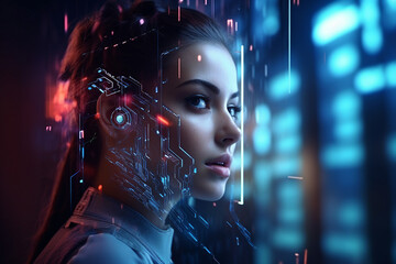 Poster - generative ai collage photo of lady using modern technology personal information storage in head