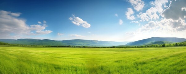 Wall Mural - Panoramic natural landscape with green grass field, blue sky with clouds and and mountains in background. Panorama summer spring meadow. Shallow depth, Generative AI   