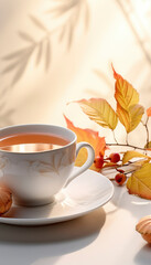 Poster - Autumn tea on a white table in a bright environment surrounded by maple leaves. Generative AI illustrations