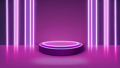 Wall Mural - Purple podium neon lights and minimal wall screen pink background. Trendy 3d illustration for the presentation of your products