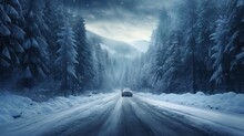Car driving down a snow-covered road