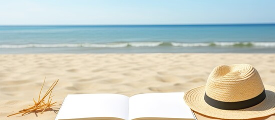 Poster - Flat lay of a blank writing book with summer beach accessories in the background, offering ample copy space.