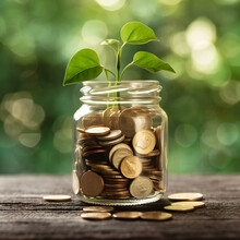 Plant Growing Out Of Jar Containing Various Coins, Symbolizing Savings And Financial Growth,  Save Money And Grow Your Wealth. Save For Retirement. Generative Ai. 