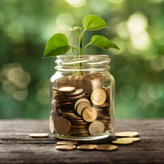 Plant growing out of jar containing various coins, symbolizing savings and financial growth,  save money and grow your wealth. Save for retirement. Generative ai. 