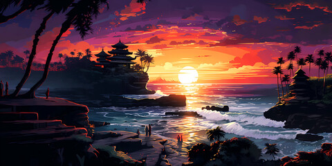 Wall Mural - Illustration of a beautiful view of Tanah Lot, Bali, Indonesia