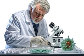 Poster - scientist with microscope isolated on white background.