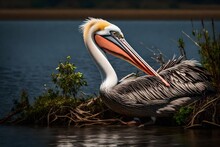A Pelican Resting Along A Coastal Estuary In South Carolina