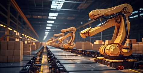 Leinwandbilder - Smart automation arm robot working at warehouses, Conveyor belt production line, Control by Artificial intelligence or AI.