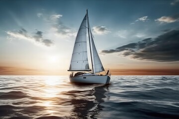 Sticker - Sailboat sailing in sea under a beautiful sunset.