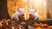 Two Adorable Piglets Perched On A Log In A Picturesque Forest Setting