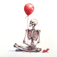 A Skeleton Sitting On The Ground Holding A Red Balloon