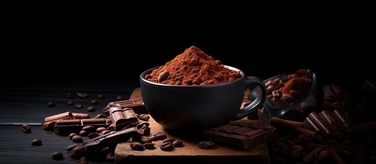 Poster - The idea of chocolate and cacao is illustrated by a bowl of cocoa powder, alongside cocoa beans and broken chocolate on a black background.