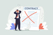 Contract cancellation business concept. Terminated tearing contract paper sheet breach flat style design vector