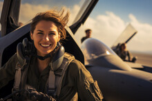 Female Pilot Of A Military Fighter Poses With An Airplane And Smiles. AI Generated.