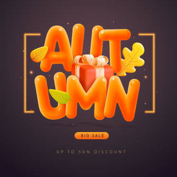 Autumn big sale poster with 3D plastic letters, gift box and falling leaves. Vector illustration