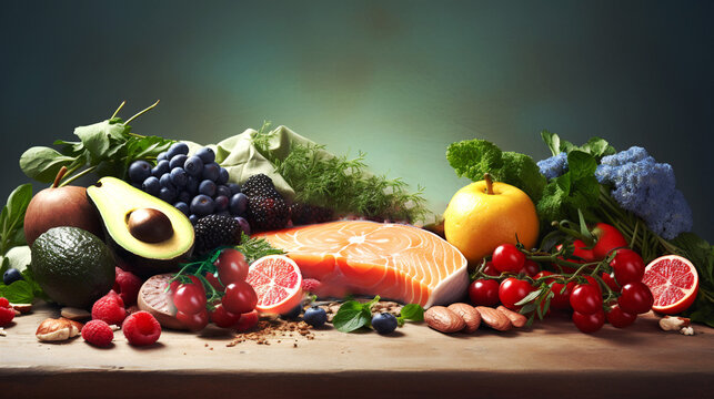 set of products for anti inflammatory diet on green background. concept of correcting state of human