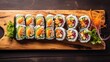 Colorful assortment of sushi on a wooden cutting board