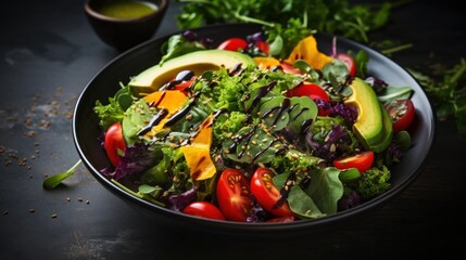 Wall Mural - Fresh and colorful salad with avocado, tomatoes, lettuce, and various vegetables
