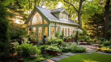 Charming small green house nestled in a lush natural oasis