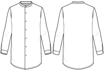 Wall Mural - Mens long sleeve tunic shirt flat sketch illustration drawing, Band collar mens kurtha shirt for casual wear and ethnic wear fashion illustration template mock up, Mandarin collar Woven shirt