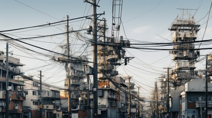 City street with a tangled web of power lines overhead