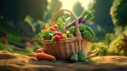 Wall Mural - Colorful assortment of fresh vegetables in a wicker basket