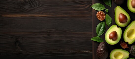 Aufkleber - Dark wooden table with a flat lay of whole and sliced avocados. ample space for text.