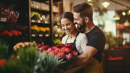 romantic scene of couple of florist hugging in flower shop