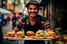 Street Smiling Vendor With Burger