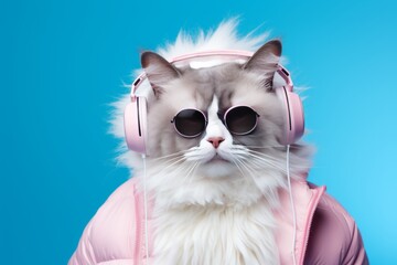 Poster - fantasy character with cat head in sunglasses and headphones wearing white jacket listening to music against pink and blue background