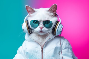 Wall Mural - fantasy character with cat head in sunglasses and headphones wearing white jacket listening to music against pink and blue background