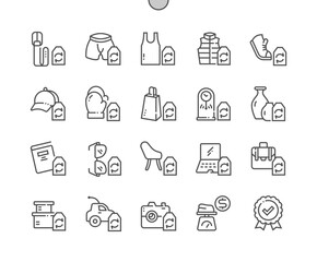 Poster - Second hand store. Price per weight. Chair, laptop, briefcase, boxes, toy, camera. Pixel Perfect Vector Thin Line Icons. Simple Minimal Pictogram