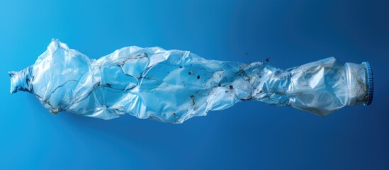 Poster - An empty crumpled plastic bottle is seen on a blue background from a top view, with space for copying. This image represents pollution and the need for environmental protection