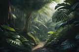 Fototapeta Sypialnia - A pathway in tropical rainforest with palm trees and path in the mist. ai generative